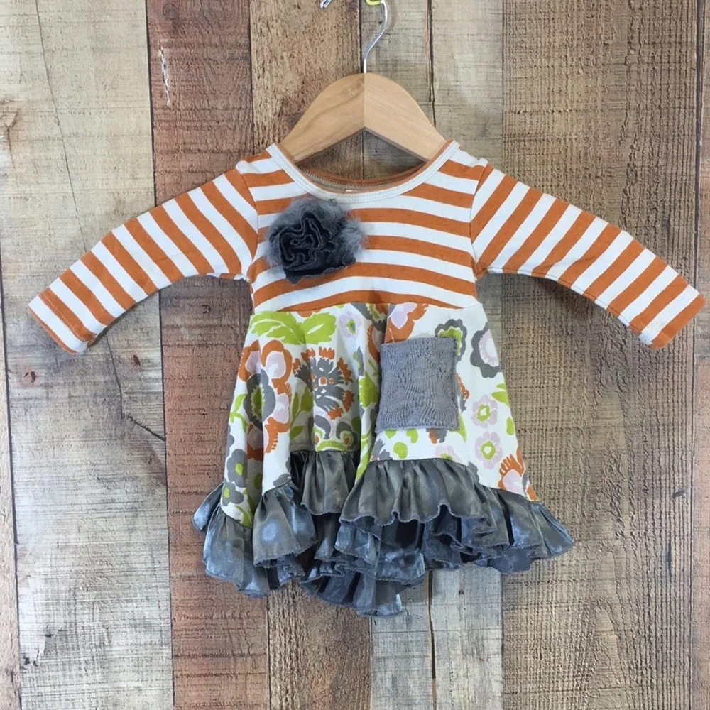 Giggle Moon Orange Gray Striped Floral‎ Ruffle Dress Baby 6M Long Sleeve